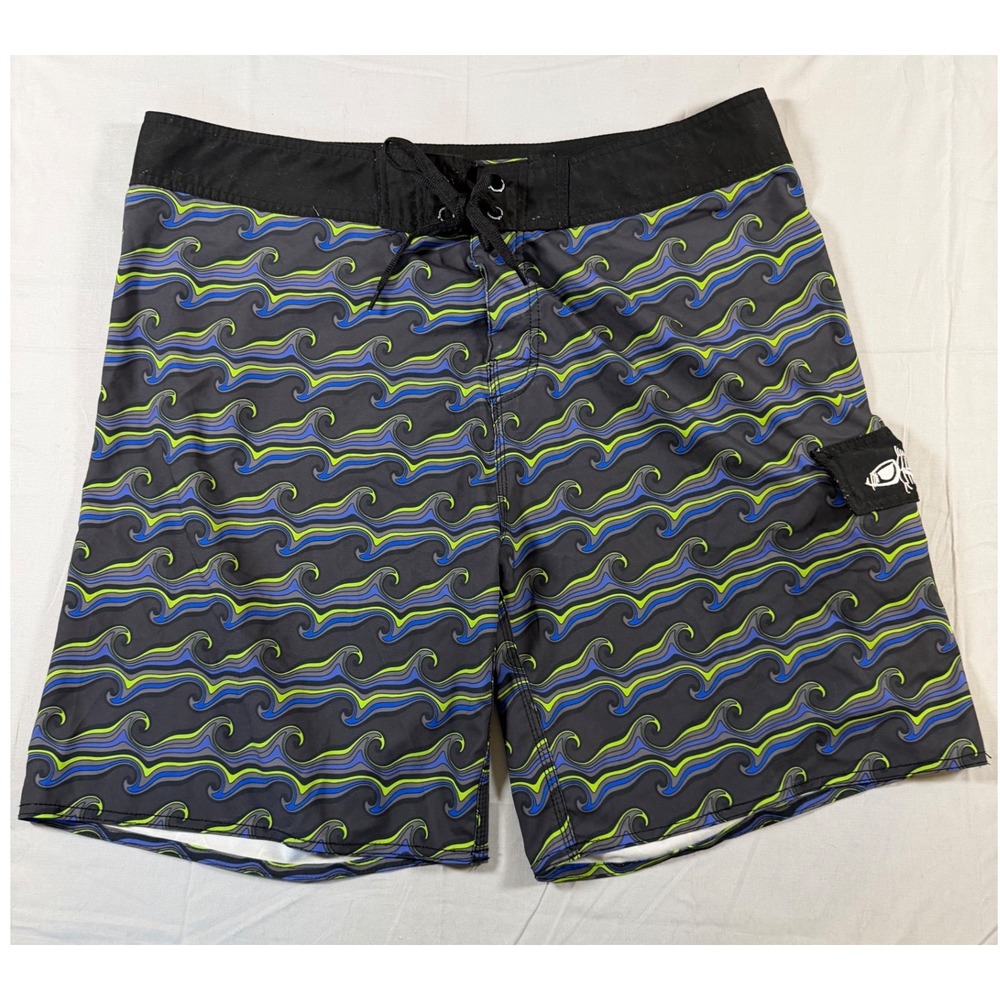 Tormenter Mens Wave Print Board Shorts Size 38 Blue Green Grey Swim Trunks